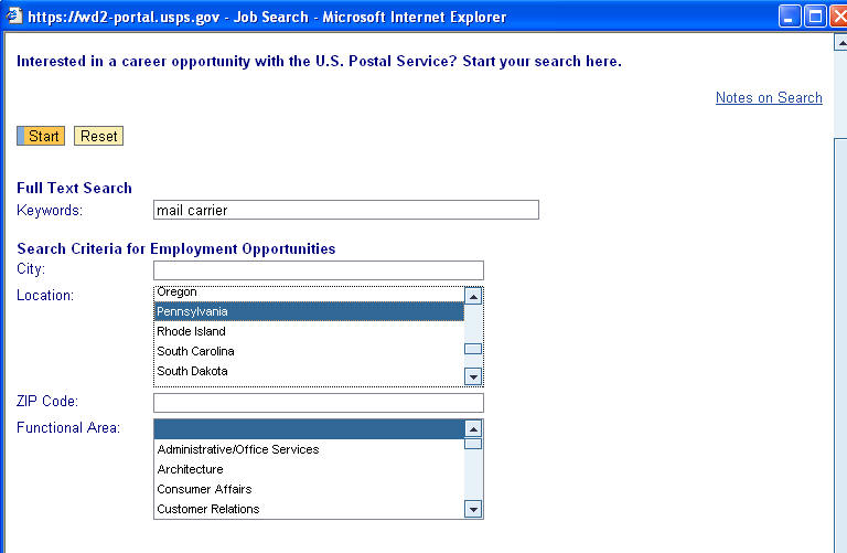 USPS Jobs Search Page